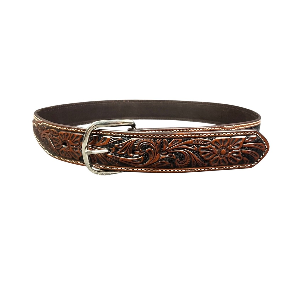 Nocona Belt Co Men 34 Brown Black Floral Tooled Leather Croc Inlay Belt
